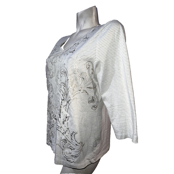 Zenergy CHICO'S Top Size L (2) Ivory Gold Striped 3/4 Sleeve Lace Front Shirt - Picture 4 of 6